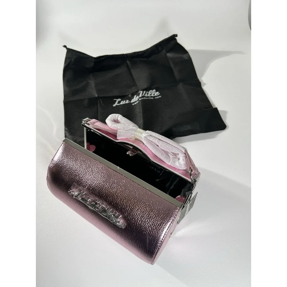 NWT Lux de Ville Pink Shimmer Cutie Pie Kiss Lock Bag Barrel Purse Rockabilly